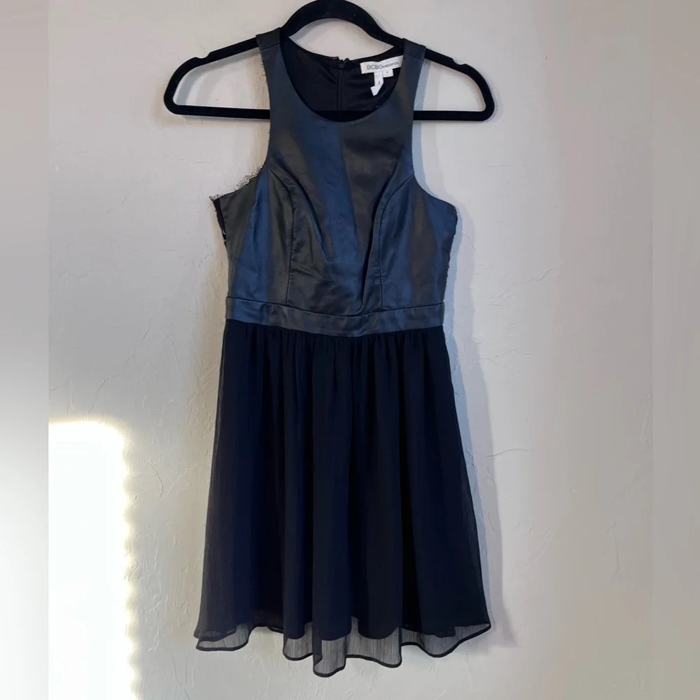 𝅺BCBG Black Faux Leather and Lace Mini Dress Sz 2
